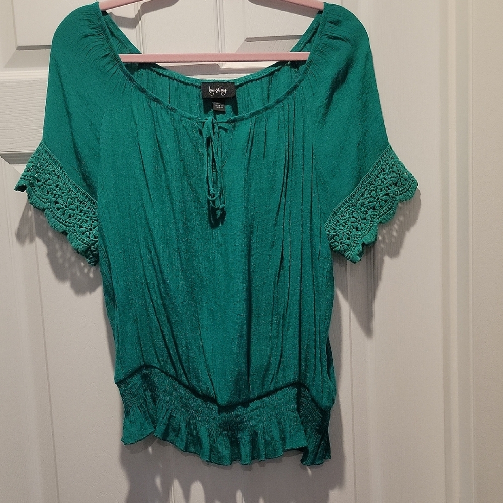 By & By Teal Blouse with Lace Sleeves